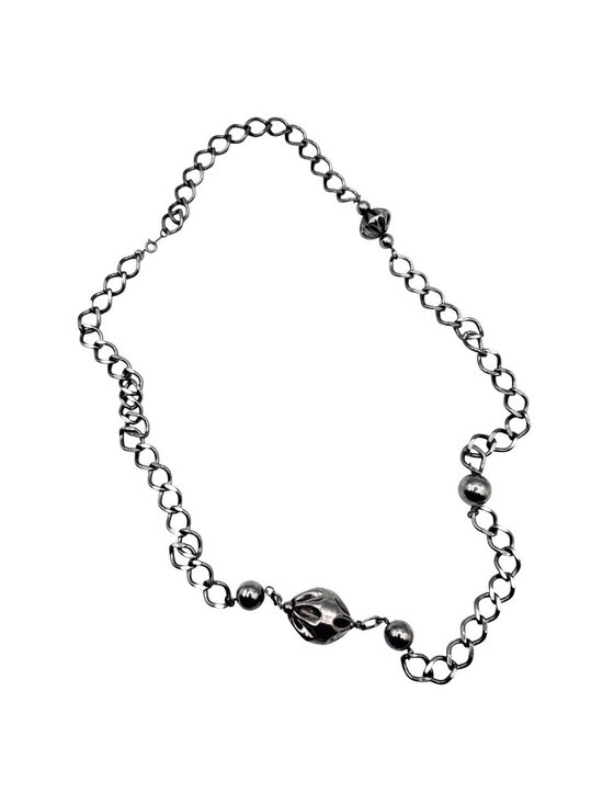 None Jewelry - Vintage Chunky Metal Necklace Mid-Century Brutalist Silver Tone Beads Chain 32"